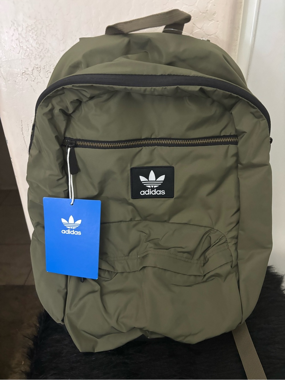 NWT adidas Originals Nationals Plus Olive Green Backpack with Trefoil logo.